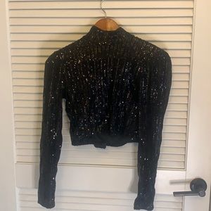 Zara Button Mock Neck Sequin Long Sleeve Blouse